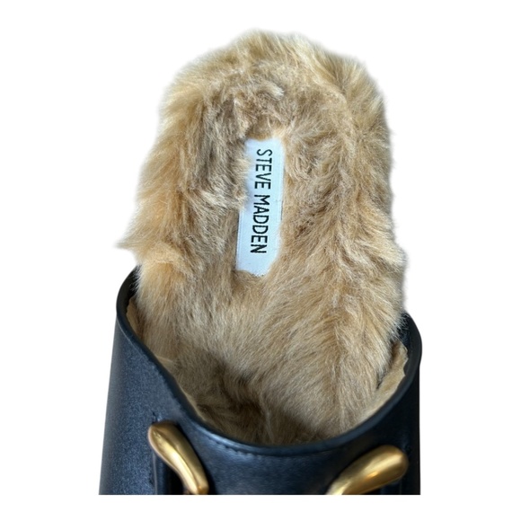Steve Madden Masin Black Leather Faux Fur Mule Slippers 10 - Picture 3 of 10